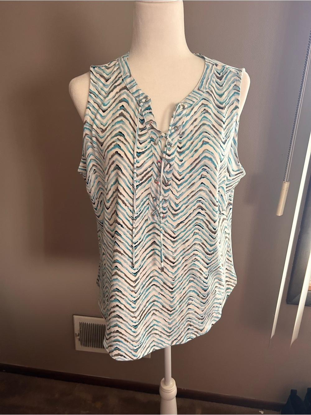 White House Black Market Sleeveless Chevron Tie-Neck Top - Blue/White